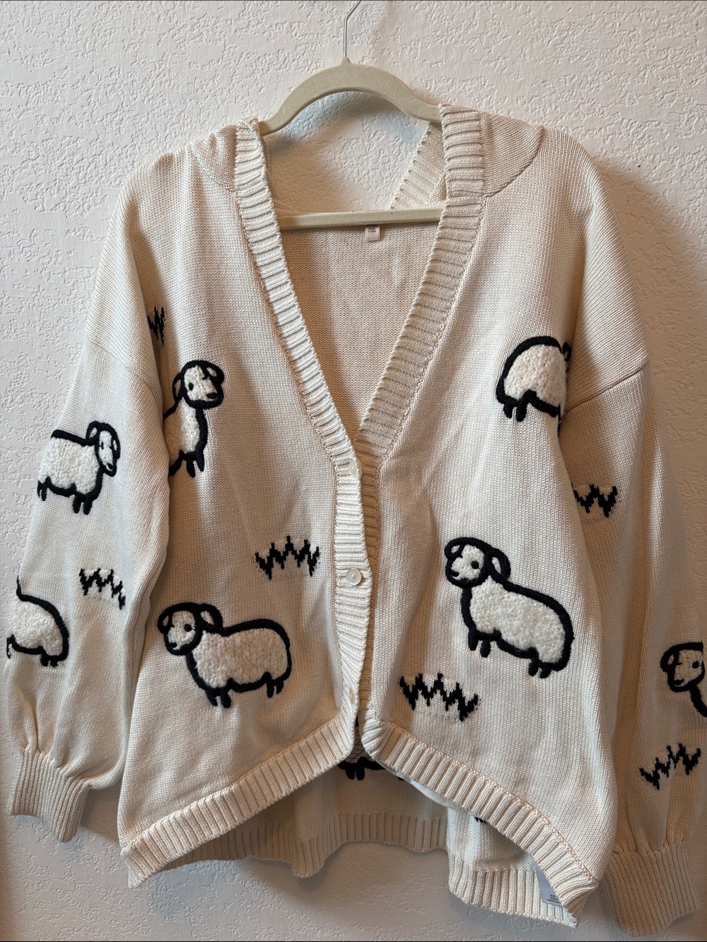 lyrebird Women’s Cream Sheep Pattern Button-Front Cardigan Sweater with Hood